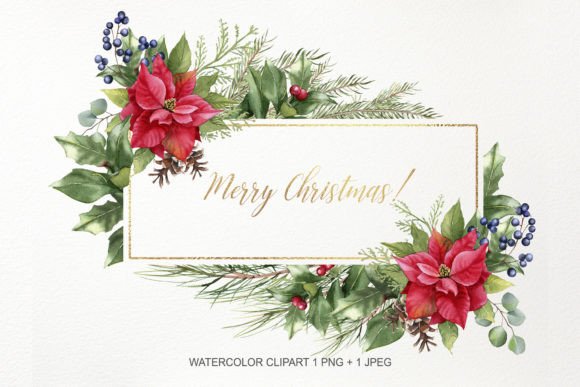 Watercolor Floral Christmas Frame PNG for Handmade Projects